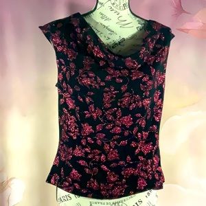 J.B.S Ltd - *NWOT* - Black sleeveless with pink/ruby flowers and leaves.